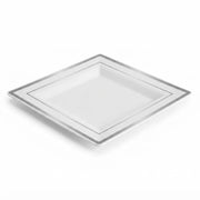 Glownary Halo 10-Inch Square White Plastic Plates with Silver Bands, Disposable, BPA-Free, for Events and Weddings, 10 Count