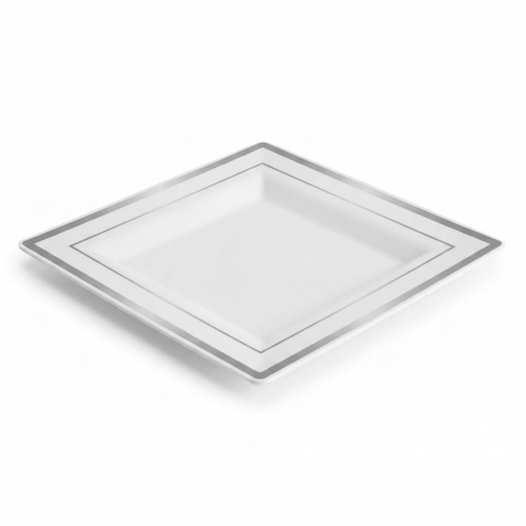 Glownary Halo 10-Inch Square White Plastic Plates with Silver Bands, Disposable, BPA-Free, for Events and Weddings, 10 Count