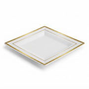 Glownary Halo Square Plastic Plates, 10 Inch, Ivory with Gold Bands, Disposable, BPA Free, for Weddings and Events, 10 Count Sample Pack