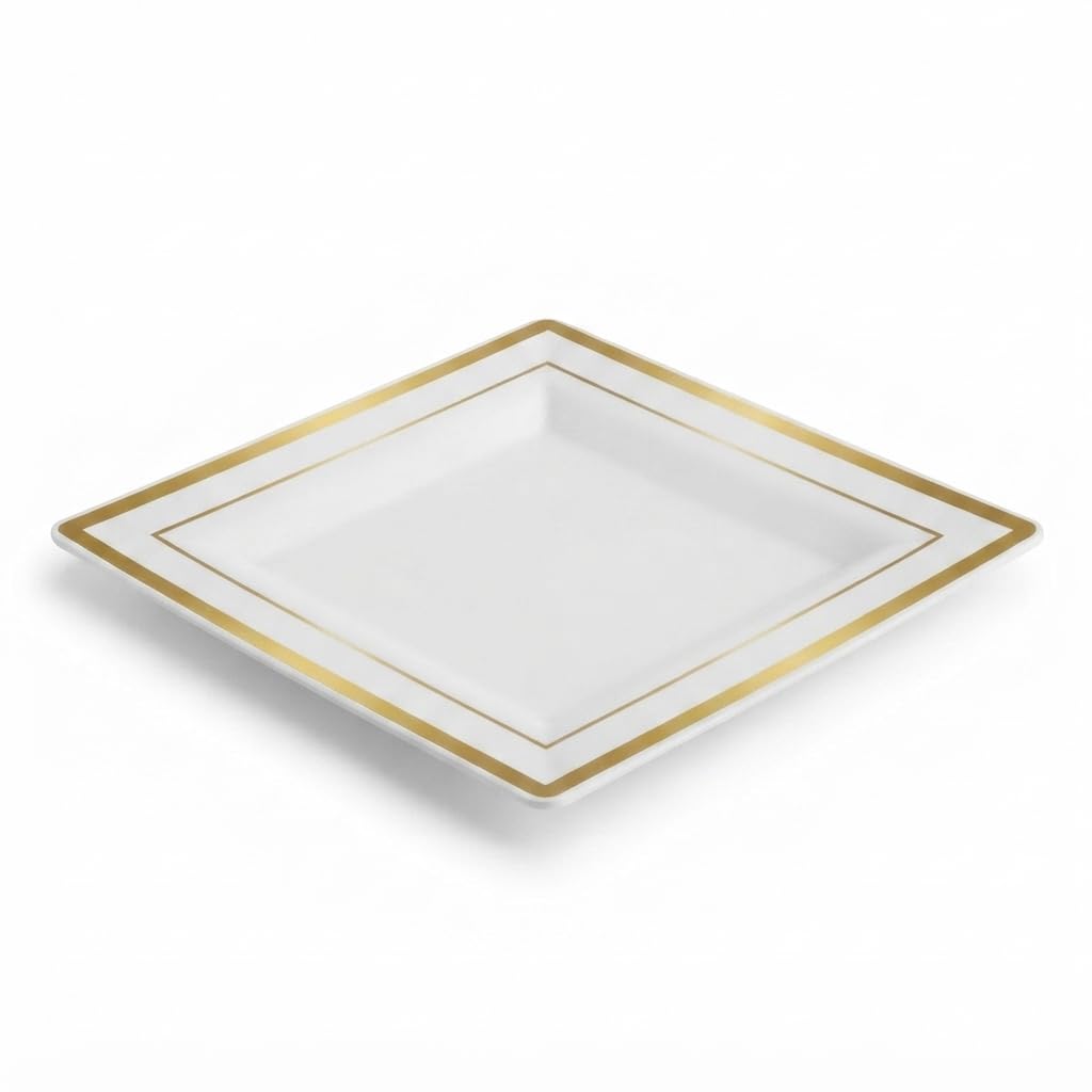 Glownary Halo Square Plastic Plates, 10 Inch, Ivory with Gold Bands, Disposable, BPA Free, for Weddings and Events, 10 Count Sample Pack
