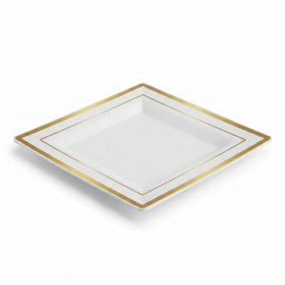 Glownary Halo Square Plastic Plates, 10 Inch, Ivory with Gold Bands, Disposable, BPA Free, for Weddings and Events, 10 Count Sample Pack