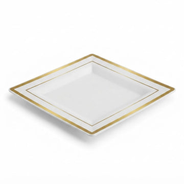 Glownary Halo Square Plastic Plates, 10 Inch, Ivory with Gold Bands, Disposable, BPA Free, for Weddings and Events, 10 Count Sample Pack
