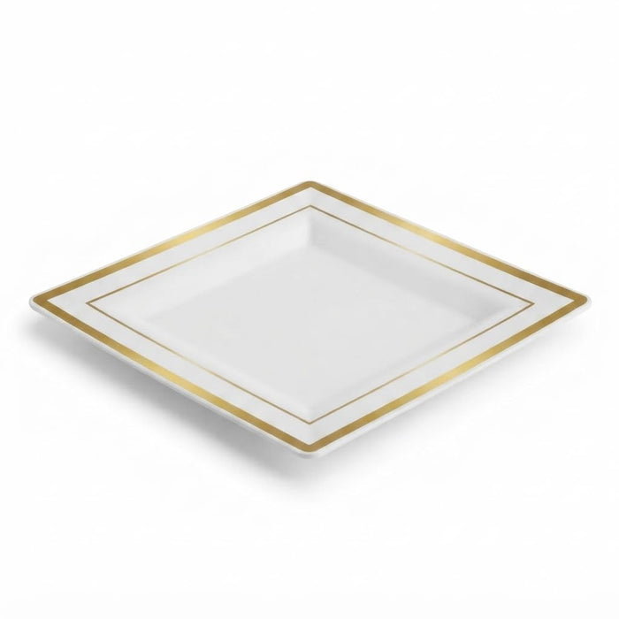 Glownary Halo Square Plastic Plates, 10 Inch, Ivory with Gold Bands, Disposable, BPA Free, for Weddings and Events, 10 Count Sample Pack