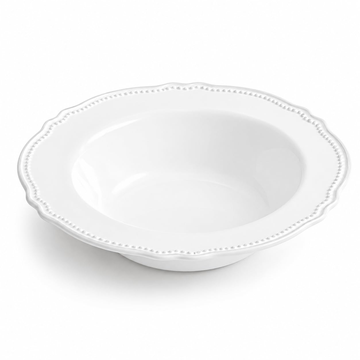 Glownary Heirloom Round Plastic Bowl, 10 oz, White with Silver Vintage Rim, BPA Free, Disposable, 7.5 Inch Diameter, 12 Count Sample Pack