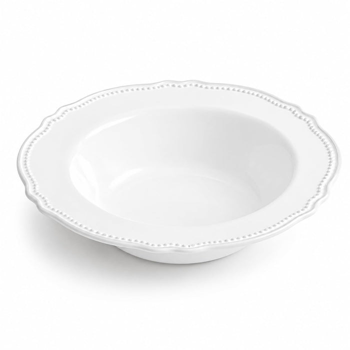 Glownary Heirloom Round Plastic Bowl, 10 oz, White with Silver Vintage Rim, BPA Free, Disposable, 7.5 Inch Diameter, 12 Count Sample Pack