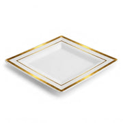 Glownary Halo Square Plastic Plates, White with Gold Bands, 6.5 Inch, BPA Free, Disposable, for Events and Weddings, 10 Count