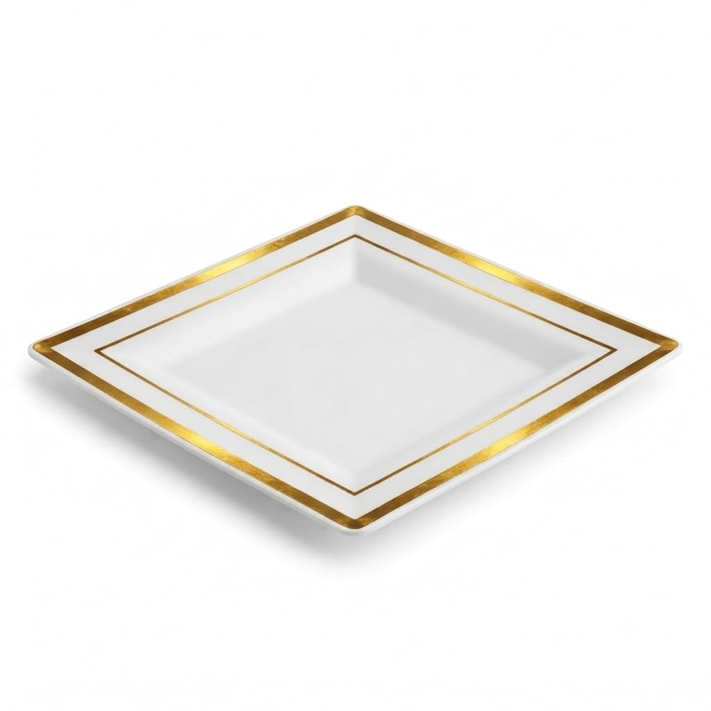 Glownary Halo Square Plastic Plates, White with Gold Bands, 6.5 Inch, BPA Free, Disposable, for Events and Weddings, 10 Count