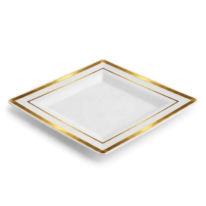 Glownary Halo Square Plastic Plates, White with Gold Bands, 6.5 Inch, BPA Free, Disposable, for Events and Weddings, 10 Count