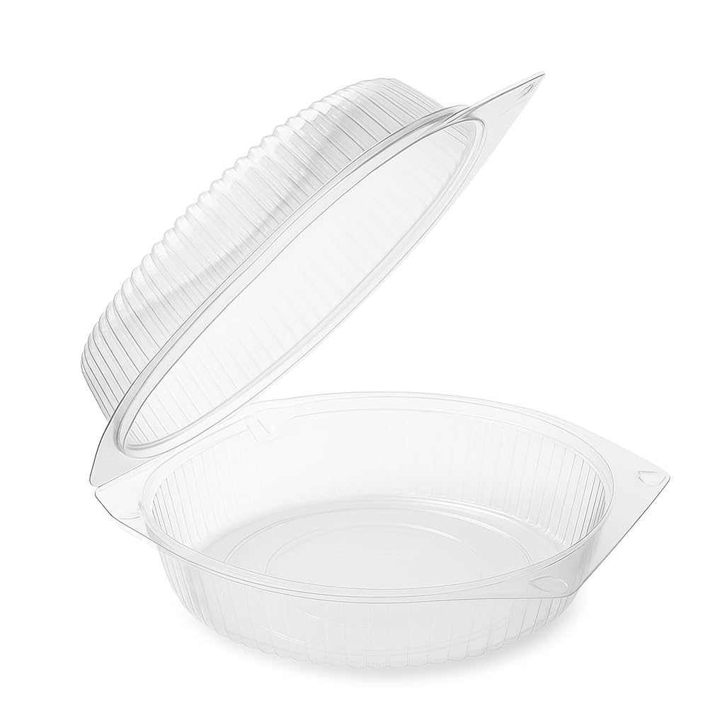 Glownary Clear Round Hinged Pie Container, 9 Inch Diameter, BPA Free Polystyrene, 2.75 Inch Height, Lock Corner Clamshell Style, 100 per Case