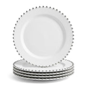 Glownary White Round Plastic Plates with Silver Beaded Rim, 9 Inch, BPA Free, Disposable, for Events and Weddings, 12 Count