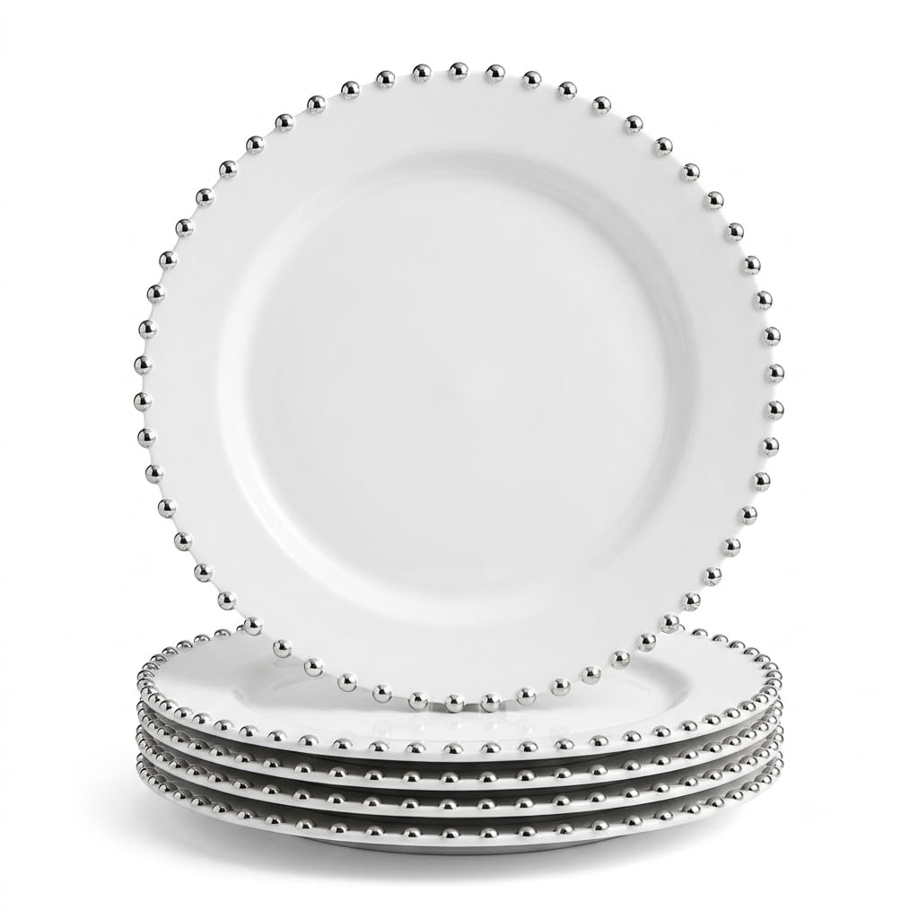 Glownary White Round Plastic Plates with Silver Beaded Rim, 9 Inch, BPA Free, Disposable, for Events and Weddings, 12 Count