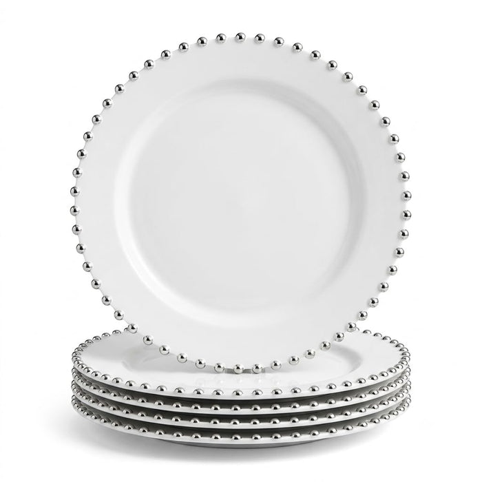 Glownary White Round Plastic Plates with Silver Beaded Rim, 9 Inch, BPA Free, Disposable, for Events and Weddings, 12 Count