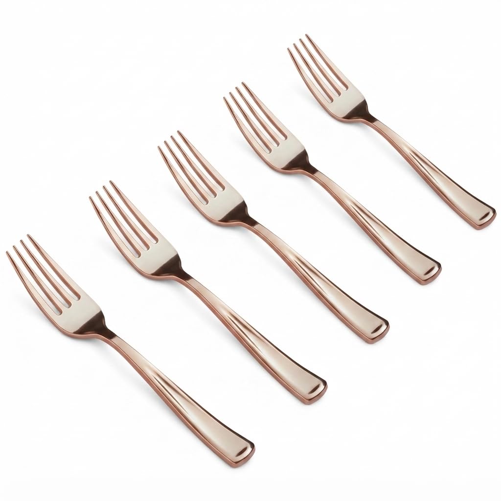 Glownary Classic Heavy Weight Plastic Fork, 7.25 Inch, Rose Gold, 400 Count Case for Catering, Weddings, Parties