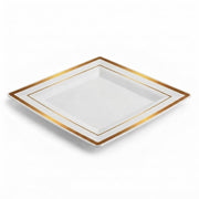Glownary Halo 6.5-Inch Square Plastic Plates, Ivory with Gold Bands, BPA-Free Disposable, 10-Count Sample Pack for Events and Weddings
