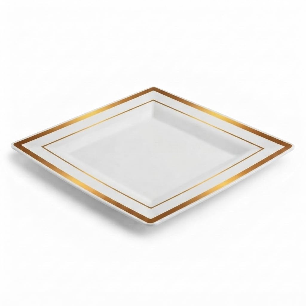 Glownary Halo 6.5-Inch Square Plastic Plates, Ivory with Gold Bands, BPA-Free Disposable, 10-Count Sample Pack for Events and Weddings
