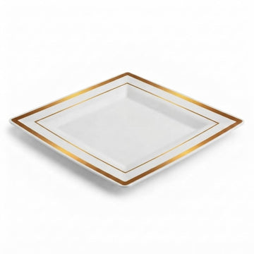 Glownary Halo 6.5-Inch Square Plastic Plates, Ivory with Gold Bands, BPA-Free Disposable, 10-Count Sample Pack for Events and Weddings