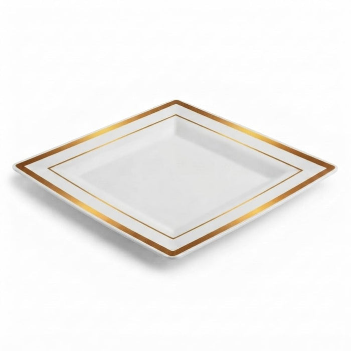 Glownary Halo 6.5-Inch Square Plastic Plates, Ivory with Gold Bands, BPA-Free Disposable, 10-Count Sample Pack for Events and Weddings