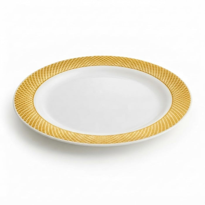 Glownary Lattice 9 Inch Plastic Plates, Ivory with Gold Design, Round Polystyrene, BPA Free, Disposable, 12 Count Sample Pack
