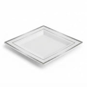 Glownary Halo 8-Inch Square White Plastic Plates with Silver Bands, Disposable, BPA Free, for Weddings and Events, 10 Count