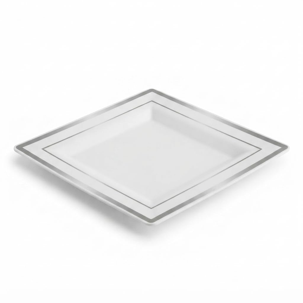 Glownary Halo 8-Inch Square White Plastic Plates with Silver Bands, Disposable, BPA Free, for Weddings and Events, 10 Count