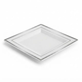Glownary Halo 8-Inch Square White Plastic Plates with Silver Bands, Disposable, BPA Free, for Weddings and Events, 10 Count