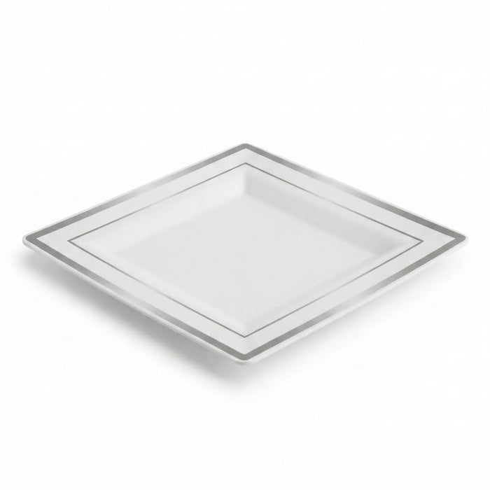 Glownary Halo 8-Inch Square White Plastic Plates with Silver Bands, Disposable, BPA Free, for Weddings and Events, 10 Count