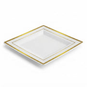 Glownary Halo Square Plastic Plates, 8 Inch, Ivory with Gold Bands, Disposable, BPA Free, for Weddings and Events, 10 Count
