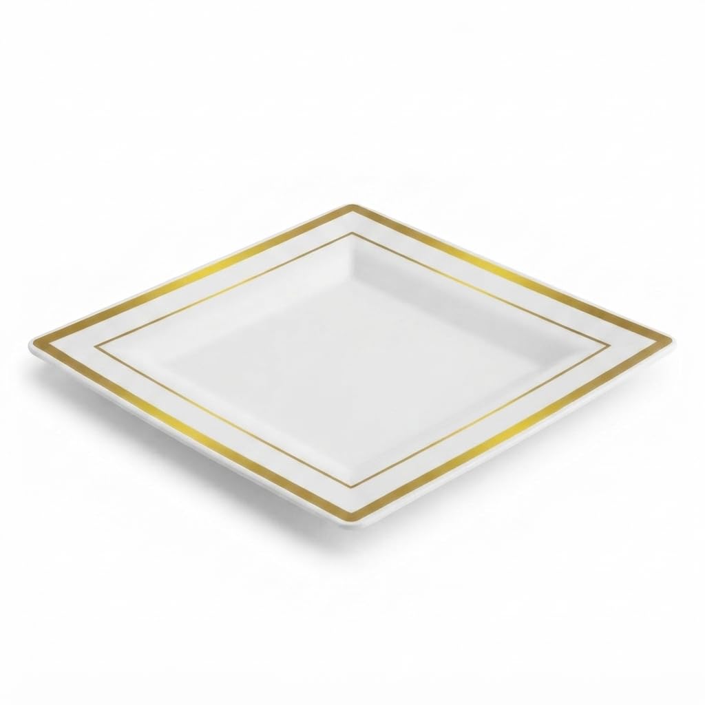 Glownary Halo Square Plastic Plates, 8 Inch, Ivory with Gold Bands, Disposable, BPA Free, for Weddings and Events, 10 Count