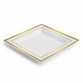 Glownary Halo Square Plastic Plates, 8 Inch, Ivory with Gold Bands, Disposable, BPA Free, for Weddings and Events, 10 Count