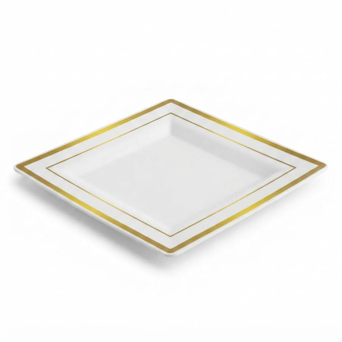 Glownary Halo Square Plastic Plates, 8 Inch, Ivory with Gold Bands, Disposable, BPA Free, for Weddings and Events, 10 Count
