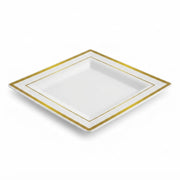 Glownary Halo Square Plastic Plates, 8 Inch, White with Gold Bands, BPA Free, Disposable, for Wedding and Events, 10 Count Sample Pack