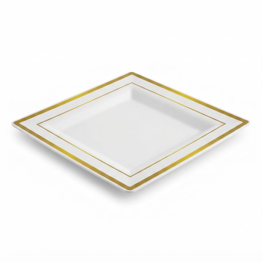 Glownary Halo Square Plastic Plates, 8 Inch, White with Gold Bands, BPA Free, Disposable, for Wedding and Events, 10 Count Sample Pack