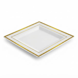 Glownary Halo Square Plastic Plates, 8 Inch, White with Gold Bands, BPA Free, Disposable, for Wedding and Events, 10 Count Sample Pack