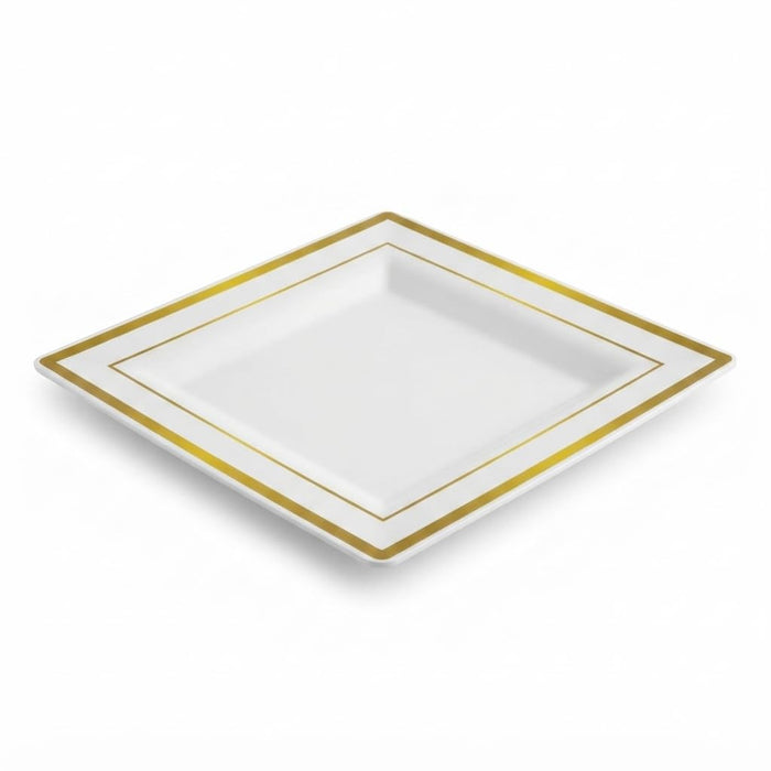 Glownary Halo Square Plastic Plates, 8 Inch, White with Gold Bands, BPA Free, Disposable, for Wedding and Events, 10 Count Sample Pack