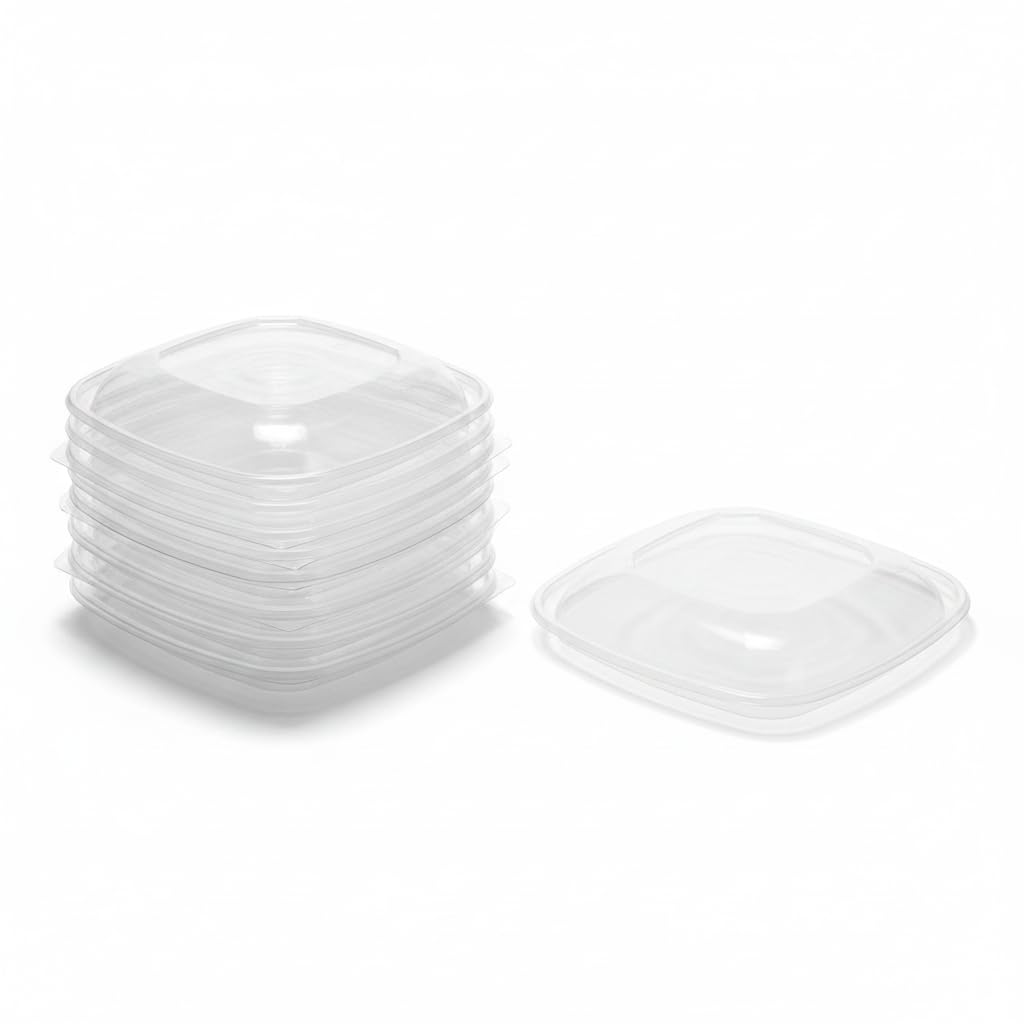 Glownary Clear PET Plastic Dome Lid, 9x9x1.25 Inches, Square, BPA Free, Recyclable, Stackable, for 32-64 oz Bowls, 150 per Case