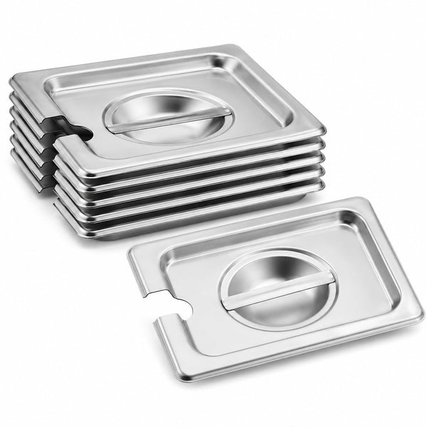 1/6 Size Stainless Steel Steam Table Pan Cover, Slotted with Handle, 6-Pack, 7x6.5x1 Inch, Commercial Grade, Silver, Restaurant Equipment