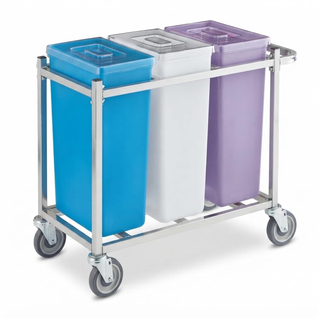 Glownary Mobile Triple Ingredient Storage Bin, 30 Gallon Capacity, White/Blue/Purple, with Cart and Clear Lids, Rectangle Shape, Polyethylene Construction