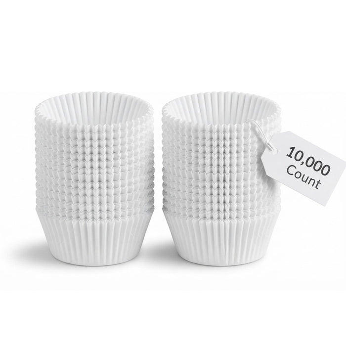 White Fluted Mini Baking Cups, Paper Cupcake Liners, 1.5 x 1 Inch, Oven Safe to 450F, 10000 Count Case