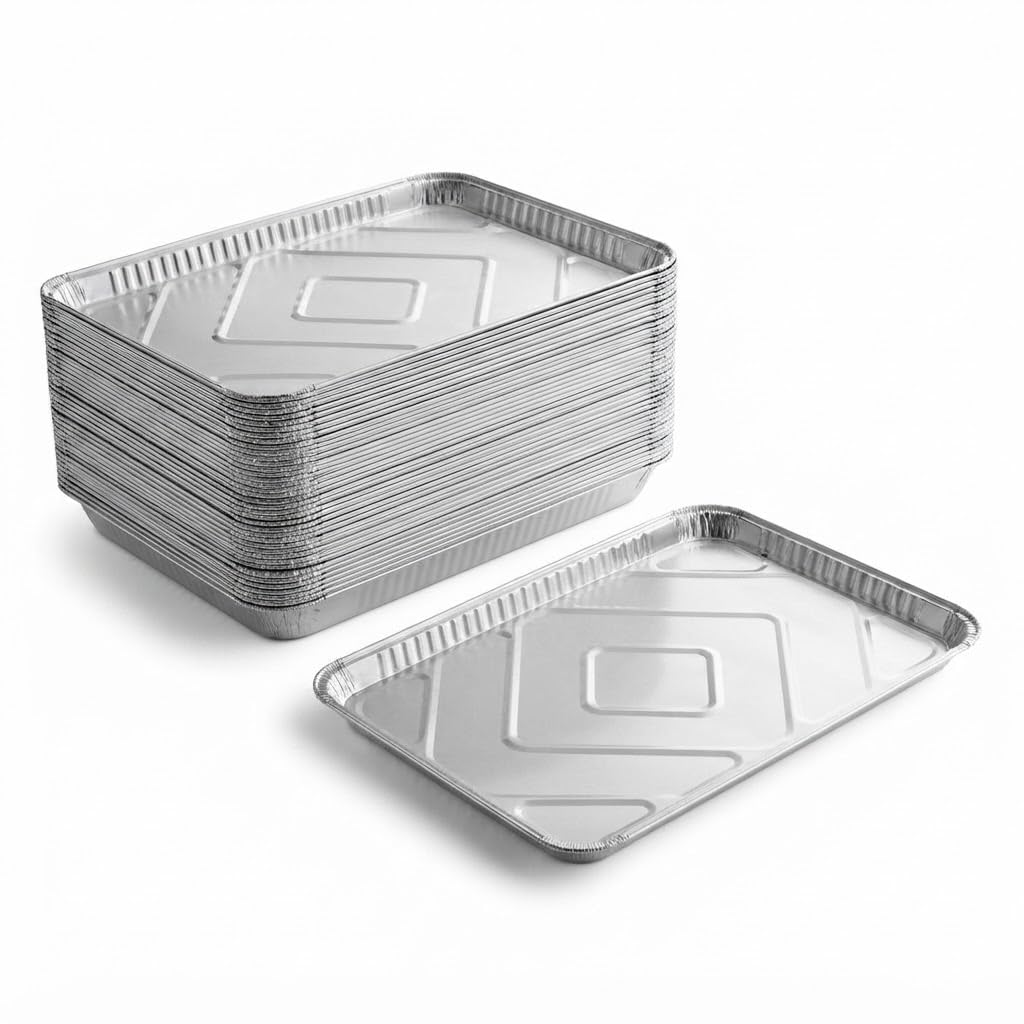 Glownary Full Size Aluminum Foil Sheet Cake Pan, Silver, 25.75x17.75x1.5 Inches, Oven Safe, Recyclable Bakery Pan, 25 Count