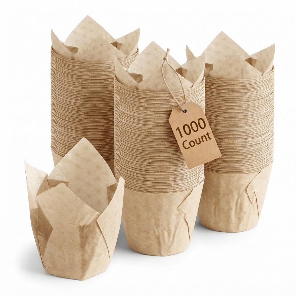 Glownary 2x3.5 Inch Unbleached Natural Brown Tulip Baking Cups, Heavy Weight Paper, Oven Safe, Microwave Safe, Freezer Safe, 1000 Count Case