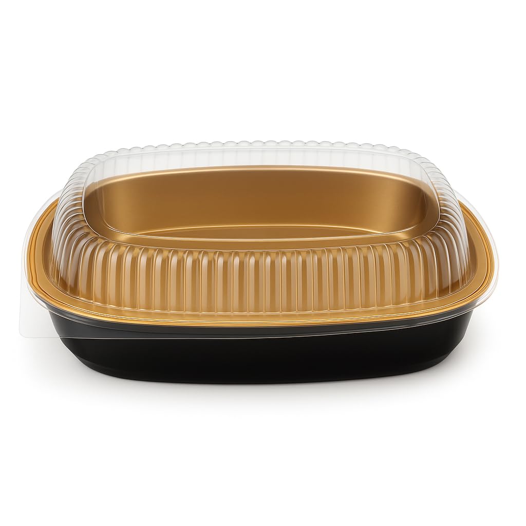 Glownary Heavy Duty Smoothwall Black and Gold Large Oblong Foil Entree/Take-Out Pan with Dome Lid 65.6 oz. - 50/Case