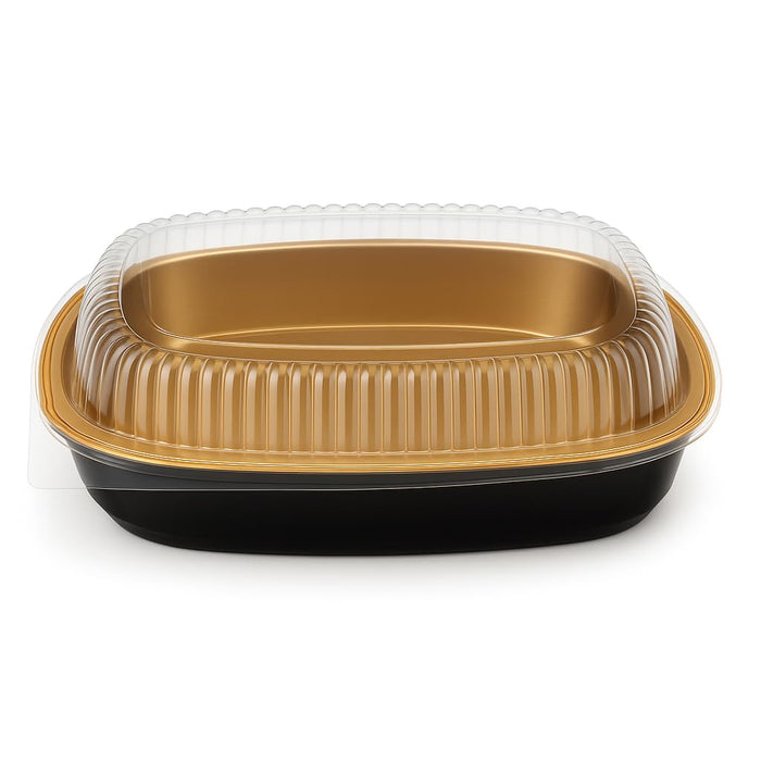 Glownary Heavy Duty Smoothwall Black and Gold Large Oblong Foil Entree/Take-Out Pan with Dome Lid 65.6 oz. - 50/Case