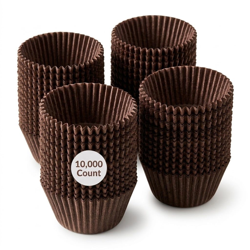 Glownary Brown Glassine Baking Cups, 2 x 1.75 Inch Standard Size, Fluted Paper Candy Liners, Grease-Resistant, Oven Safe, 10000/Case