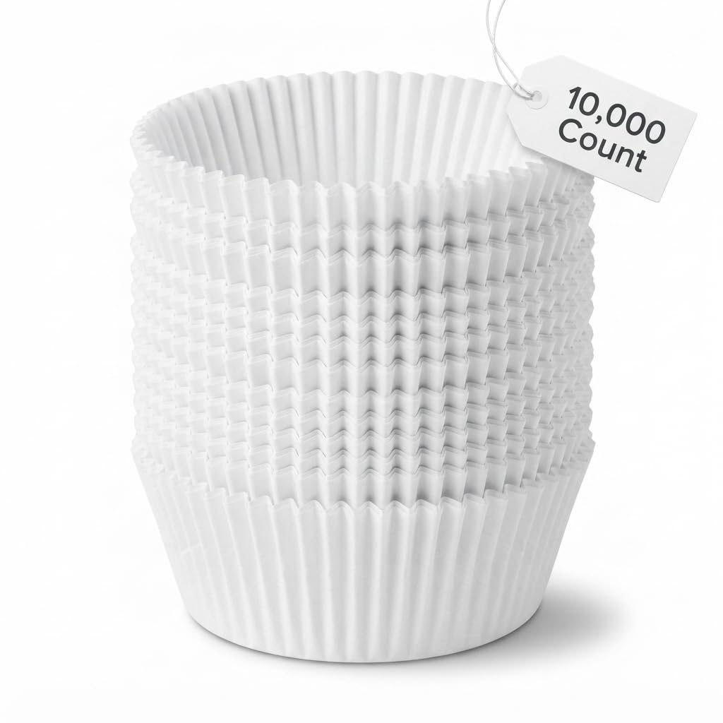 Glownary White Fluted Jumbo Baking Cups, 3.5 x 1.5 Inch, Paper, 8 oz Capacity, Oven Safe, Kosher Certified, 5000 Count