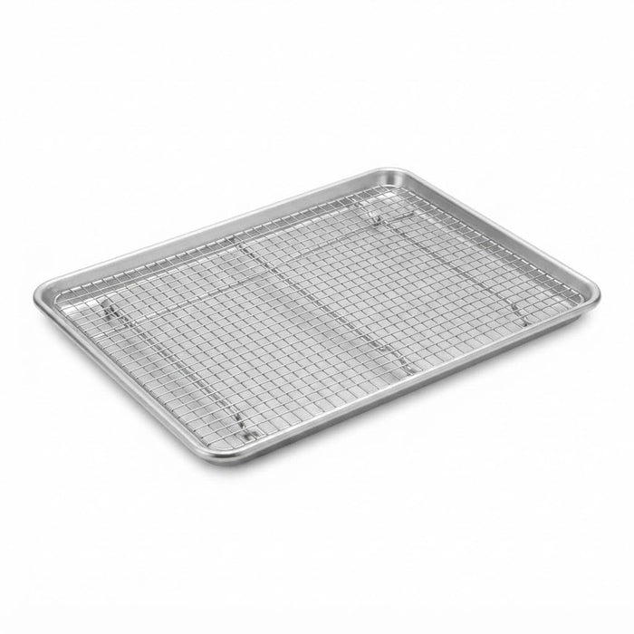 Glownary Half Size Sheet Pan and Cooling Rack Set, Commercial 18 Gauge Aluminum with Stainless Steel Rack, 13 x 18 Inch, Wire Rim, Rectangle Silver