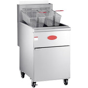 Commercial Natural Gas Floor Fryer, 50 lb Capacity, Stainless Steel, 120,000 BTU, with Thermostat Control, 2 Wire Mesh Baskets, 15.5x30.25x47.125 Inches