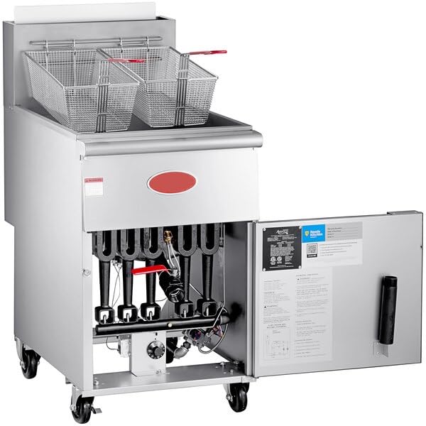 Commercial Natural Gas Floor Fryer, 50 lb Capacity, Stainless Steel, 120,000 BTU, with Thermostat Control, 2 Wire Mesh Baskets, 15.5x30.25x47.125 Inches view 2
