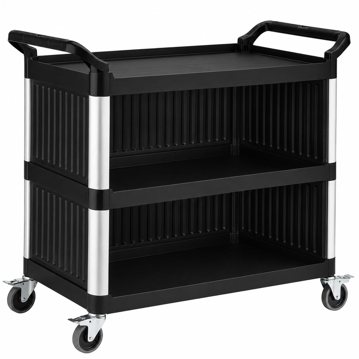 3-Shelf Black Plastic Utility Cart with Side Panels, 38 x 20 Inches, 450 lb Capacity, Medium Duty Bussing Cart with Casters