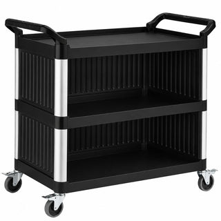 3-Shelf Black Plastic Utility Cart with Side Panels, 38 x 20 Inches, 450 lb Capacity, Medium Duty Bussing Cart with Casters