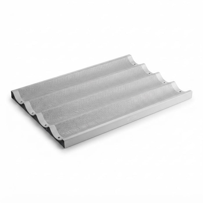 Glownary Commercial Baguette Pan, 4-Loaf Perforated Aluminum, Silicone Glazed, 26 x 18 Inch with 3 7/8 Inch Wide Compartments, Silver